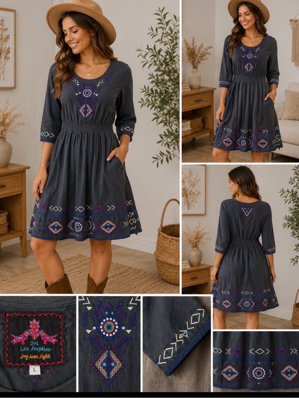 JW Los Angeles Joy Love Light Embroidered Boho Dress Size Large